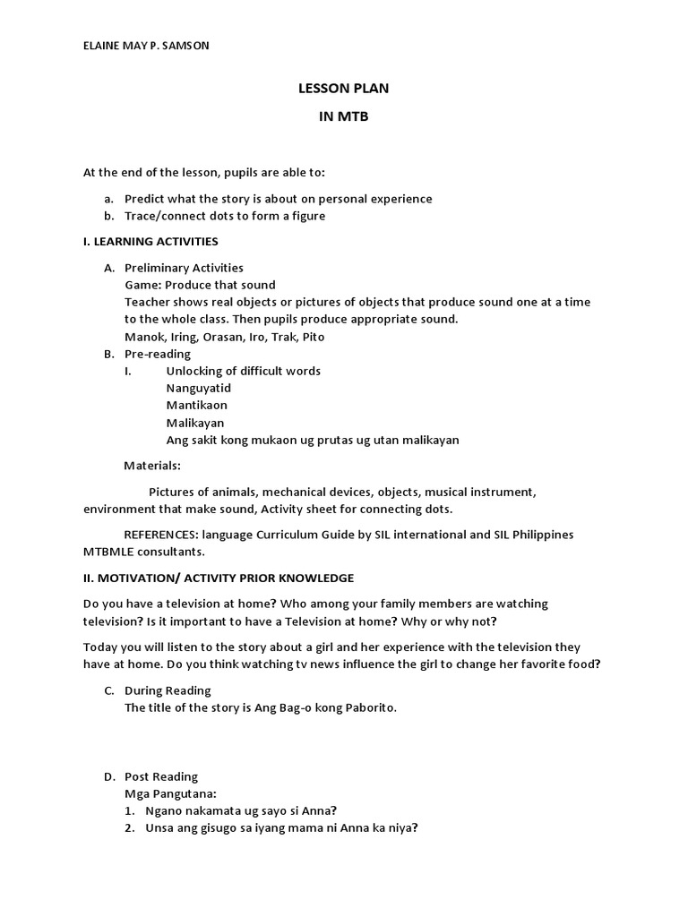 Lesson Plan in MTB Final | PDF | Neuropsychological Assessment ...