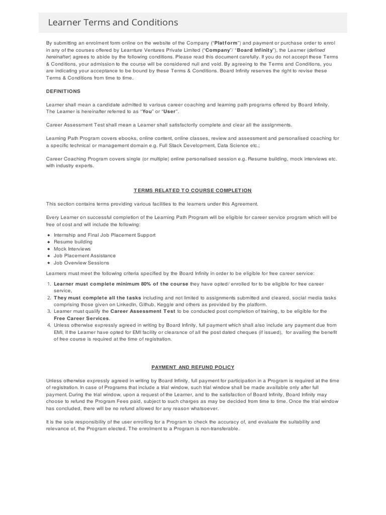 Board Infinity - Terms and Conditions For Learners | PDF | Payments ...