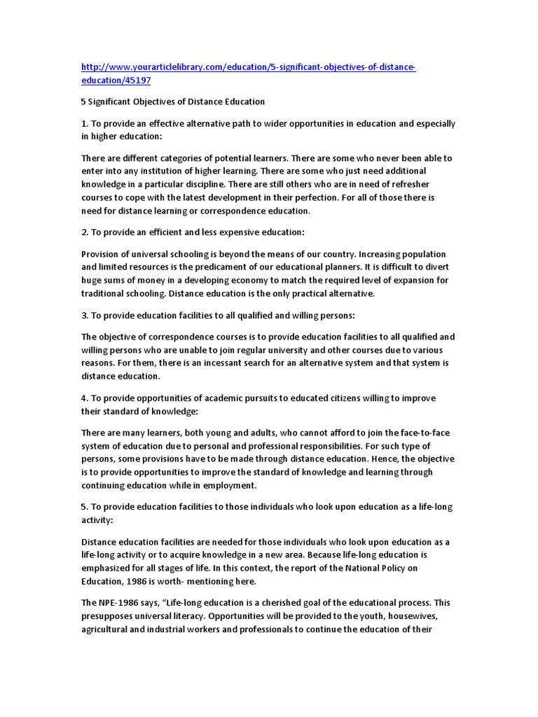 Objectives of Distance Education PDF Lifelong Learning Distance