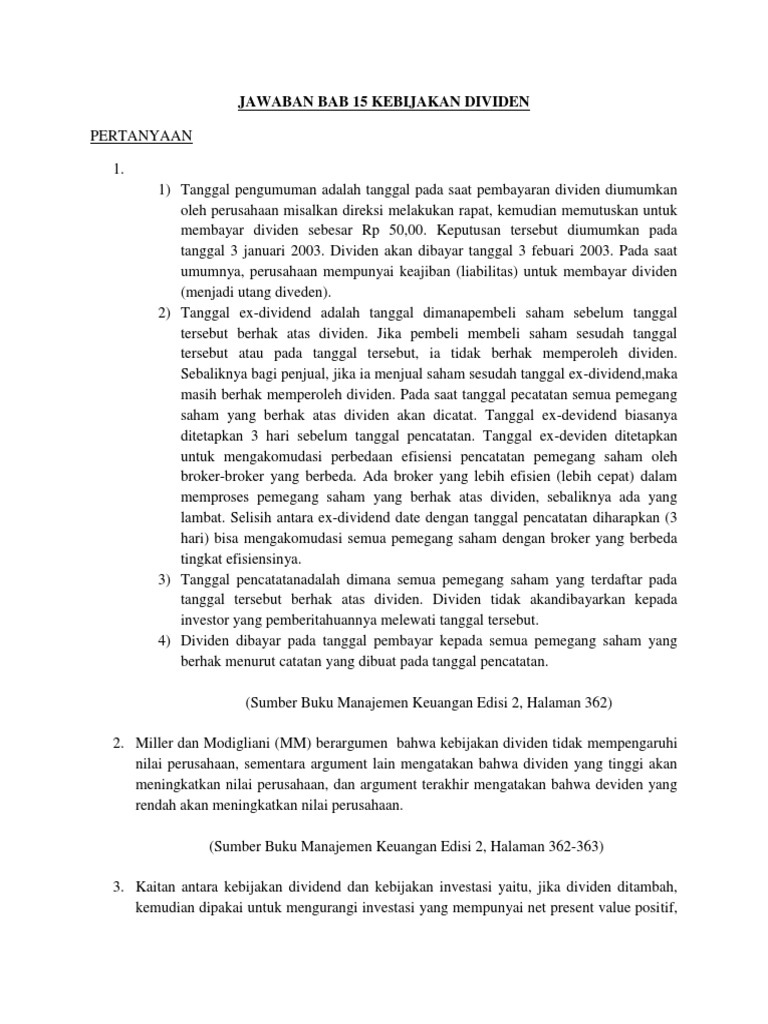 Jawaban Bab 15 Pertanyaan Kebijakan Dividen