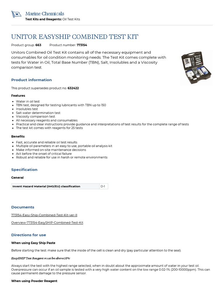 Unitor Easyship Combined Test Kit PDF PDF Viscosity Oil