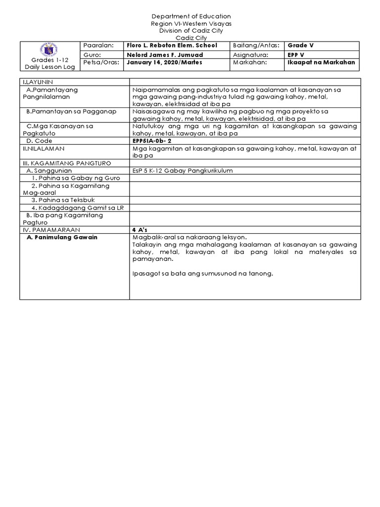 Lesson Plan in EPP 5 (4th Quarter) | PDF