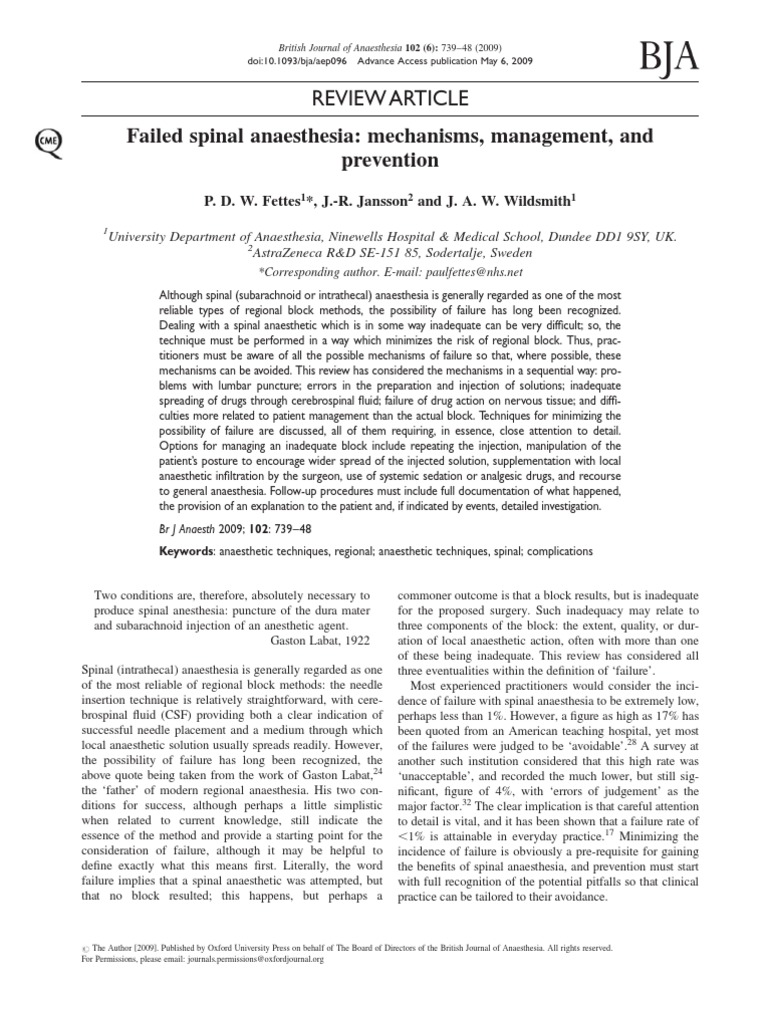 Failed Spinal Anaesthesia | PDF | Anesthesia | Cerebrospinal Fluid