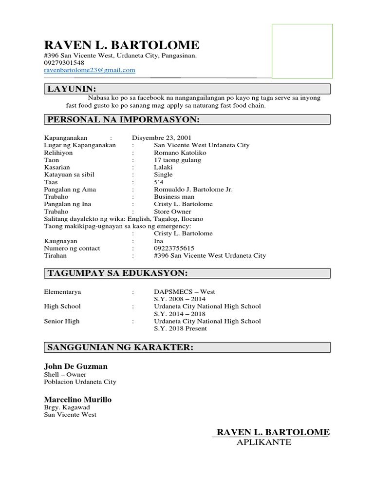 Resume Tagalog PDF