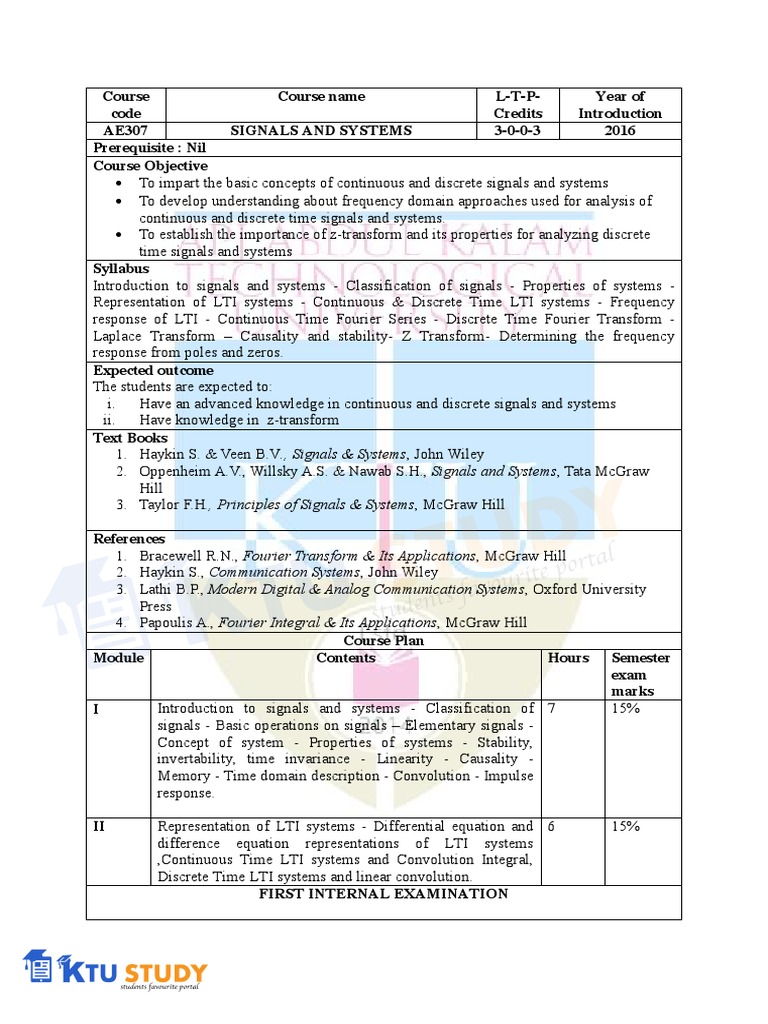 S5 Signals and Systems Syllabus | PDF | Laplace Transform | Fourier ...