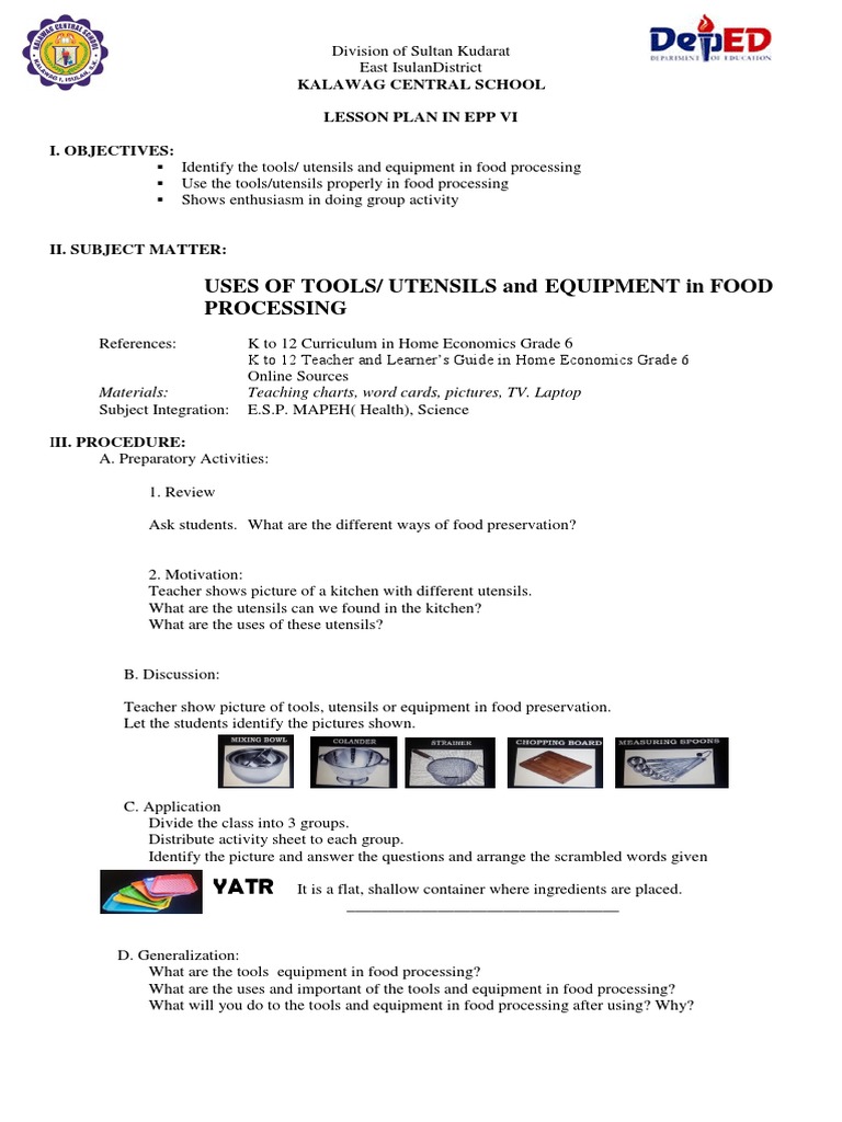 Tools and Equipment in Food Processing Lesson | PDF | Lesson Plan | Foods