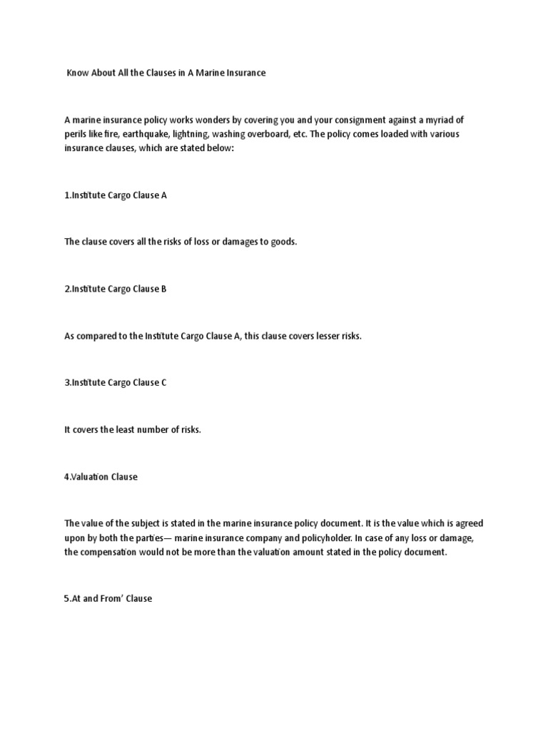 Key Clauses in Marine Insurance Policies | PDF | Insurance | Private Law