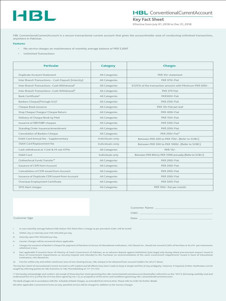 Key Fact Sheet Hbl Conventionalcurrentaccount July To December Pdf Cheque Banking