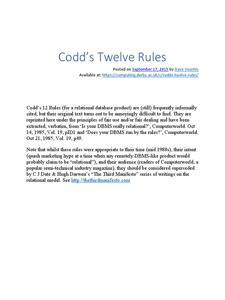 Codd's 12 Rules for Relational Databases | PDF | Relational Database ...