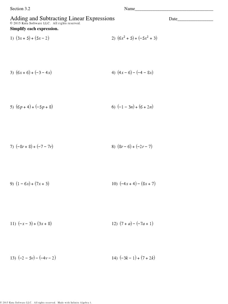 Adding and Subtracting Linear Expressions Worksheet | PDF | Teaching  Mathematics