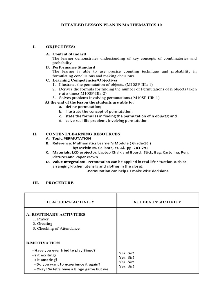 Grade 10 Permutation Lesson Plan | PDF | Permutation | Teaching Mathematics