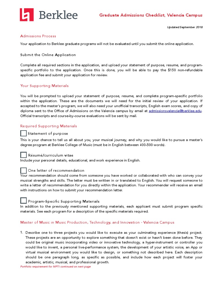 Berklee Valencia Graduate Admissions Guide | PDF | Résumé | Academic Degree