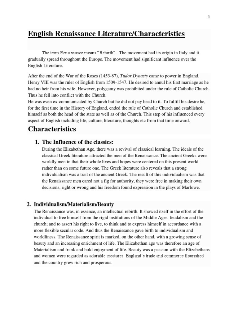Characteristics of English Renaissance Literature | PDF | English ...