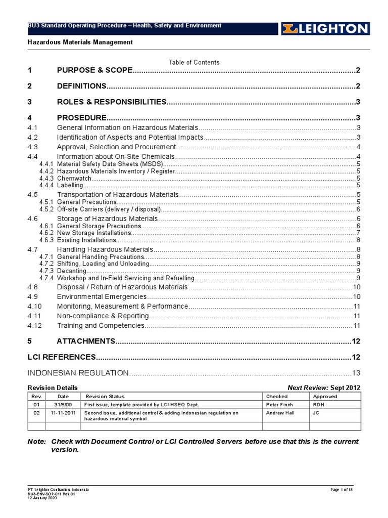 BU3ENVSOP011 (01) Hazardous Materials Management PDF Dangerous