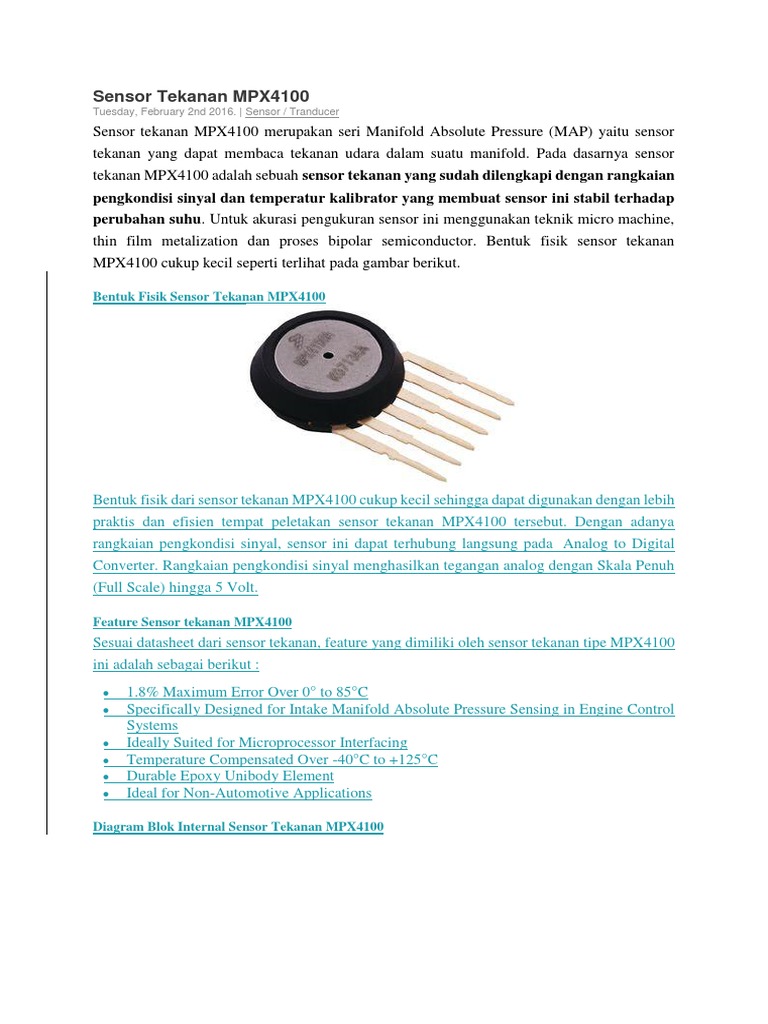 Sensor Tekanan MPX4100: Spesifikasi dan Aplikasi | PDF | Komputer ...