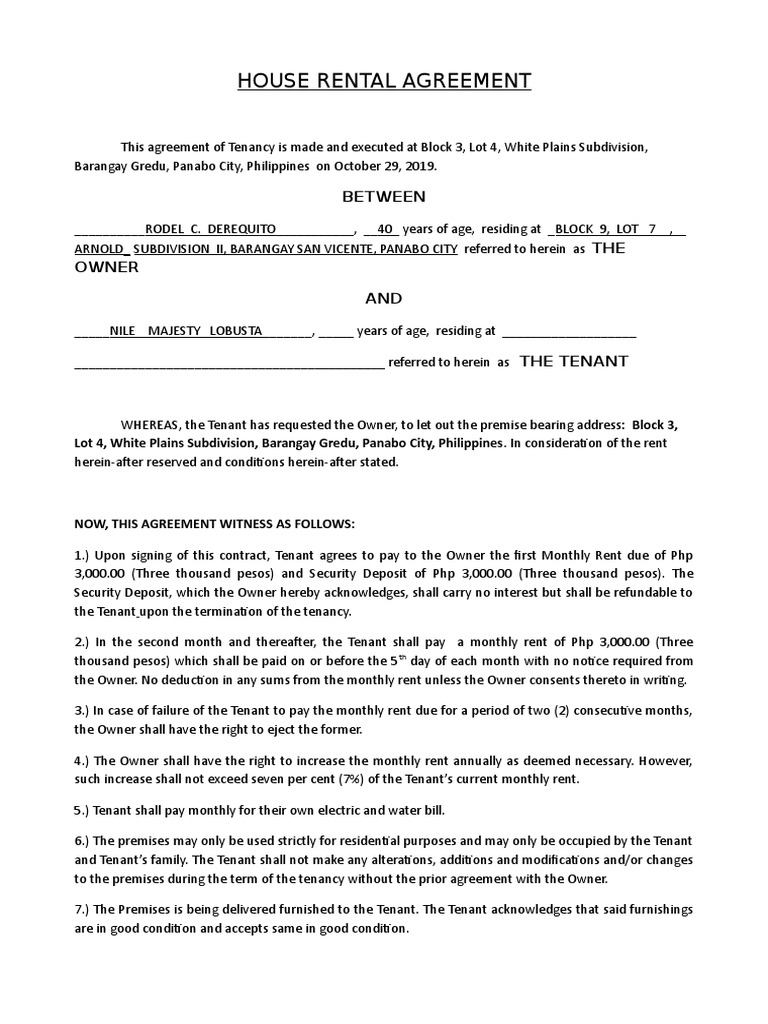 House Rental Agreement Sample Philippines | PDF | Leasehold Estate ...