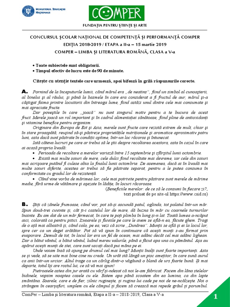 Subiect Comper Romana EtapaII 2018 2019 Clasav | PDF