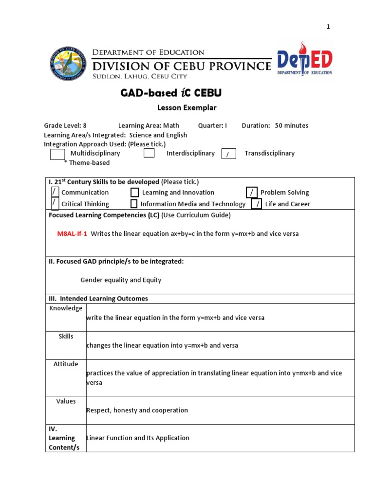 Math 8 Exemplar Docx Equations Function Mathematics