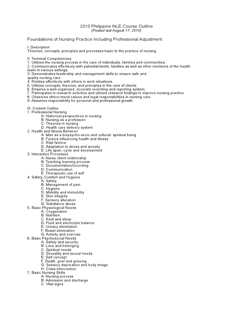 Phil. NLE 2010 Course Syllabus PDF Psychiatry Psychiatric And