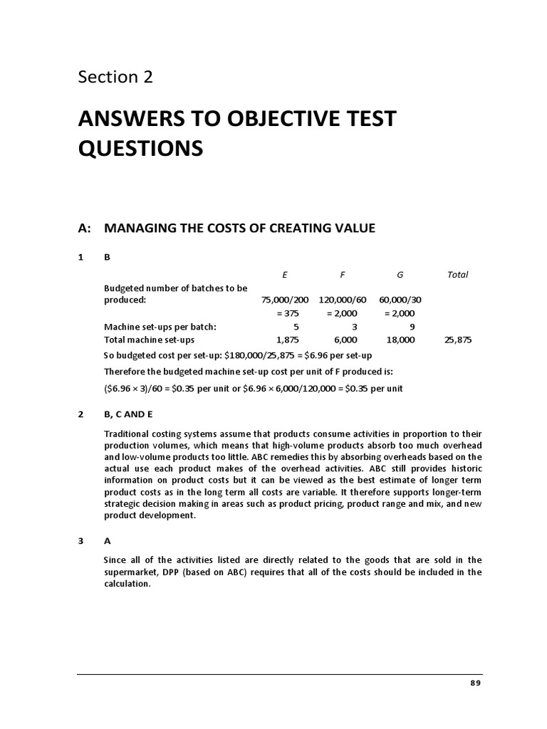 Objective Test Questions Answers Managing Costs and Overhead