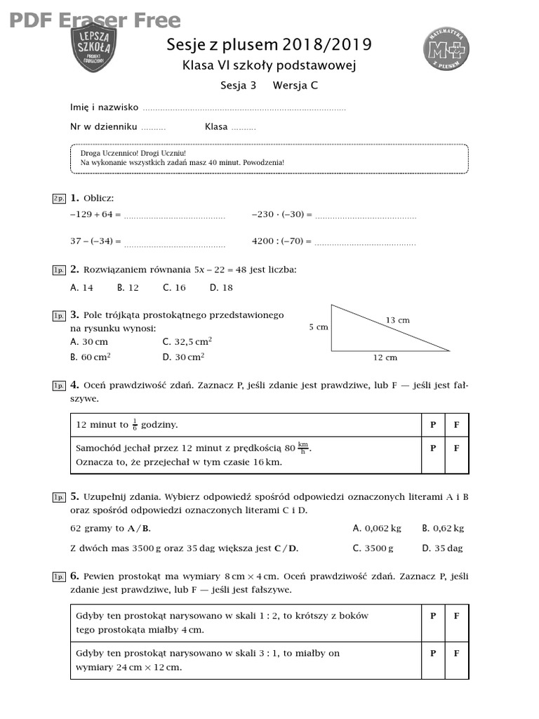 Diagnoza Z Matematyki Klasa 6 2019