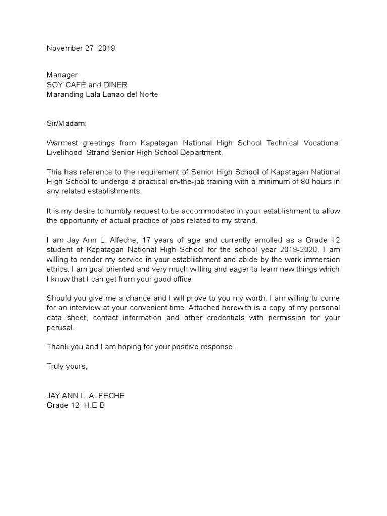 examples of application letter for immersion