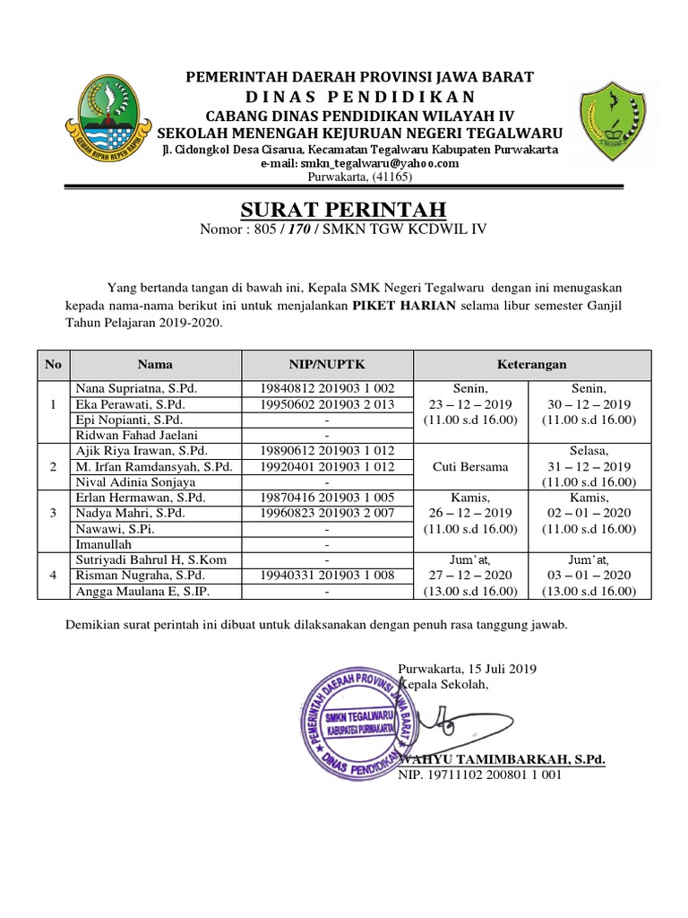Surat Tugas Piket Harian Libur Semester Pdf