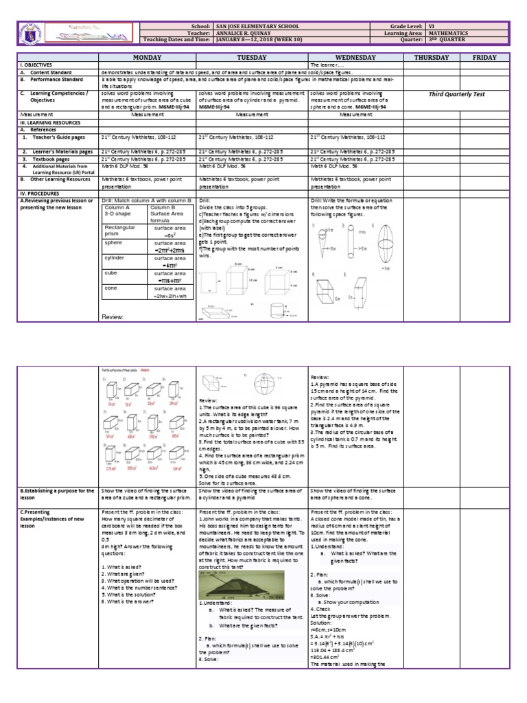 Surface Area Calculations for Grade 6 | PDF | Area | Geometric Shapes