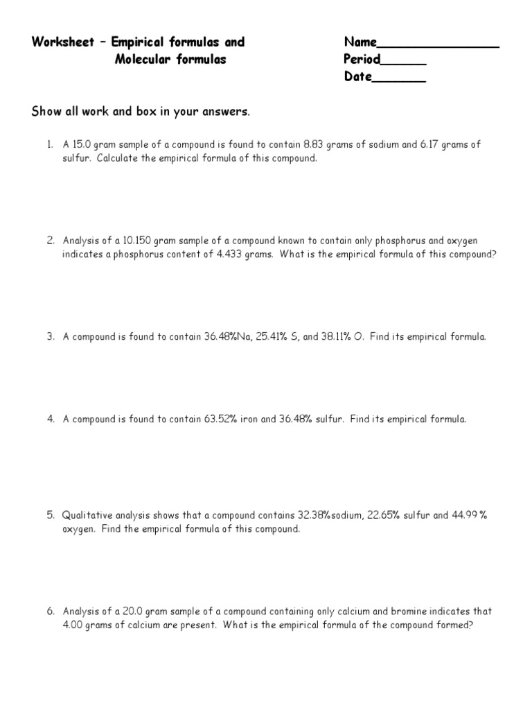 Worksheet - Empirical Formulas and Molecular Formulas  PDF Intended For Empirical And Molecular Formulas Worksheet
