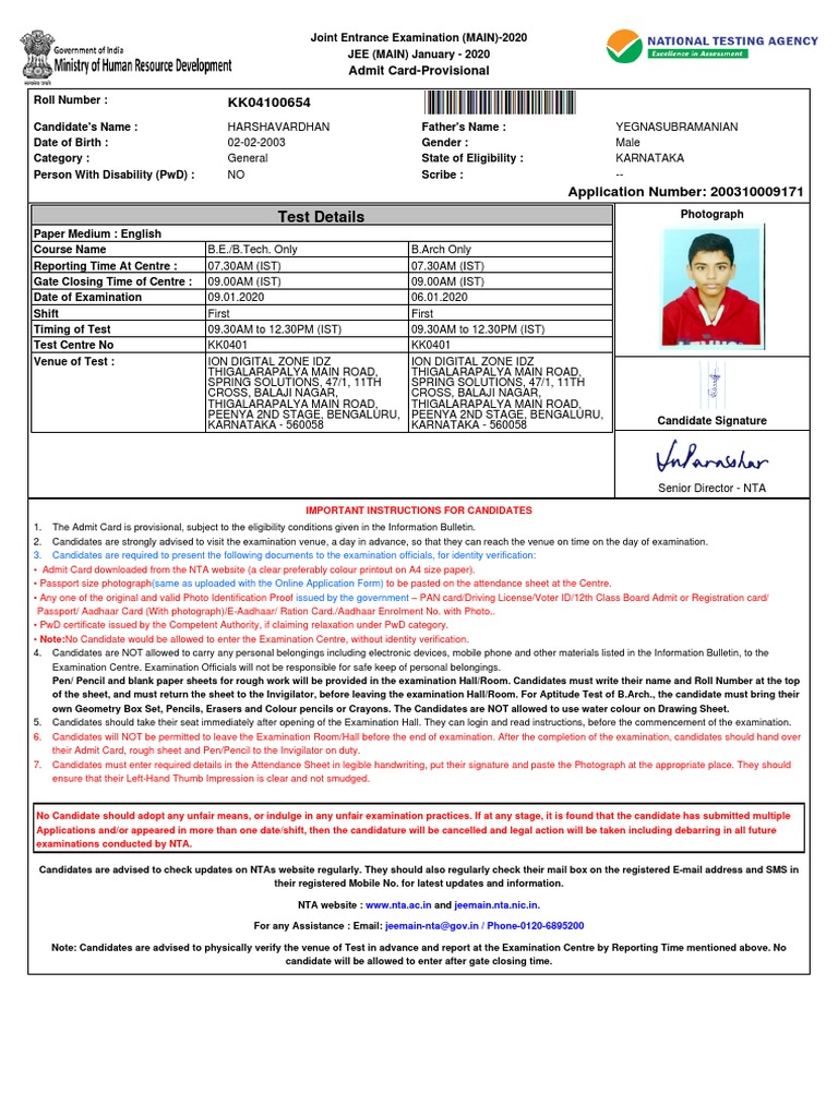 JEE Main 2020 Admit Card Details | PDF | Identity Document | Government ...