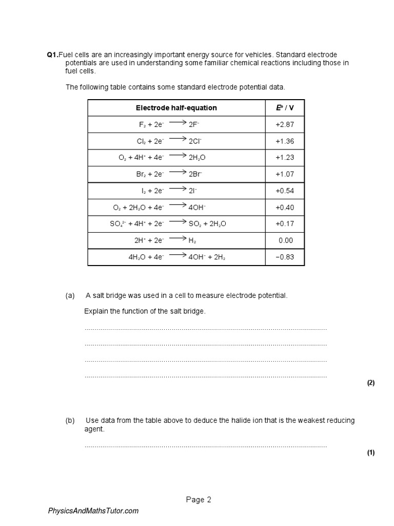 Electrochemical Cells 1 QP PDF Redox Electrochemistry