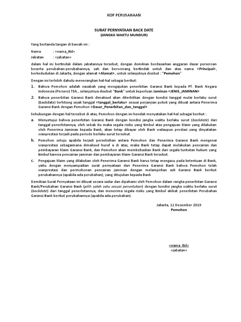 Surat Pernyataan Backdate Garansi Bank | PDF | Pengelolaan Keuangan ...