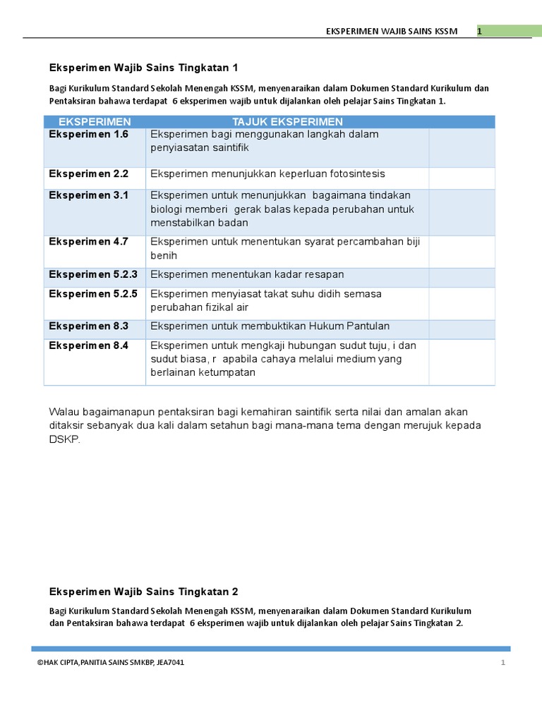 Eksperimen Wajib Kssm Mengikut Dskp Pdf