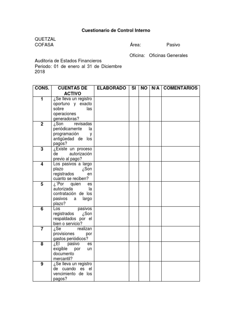 Cuestionario de Control Interno | PDF | Cheque | Economias