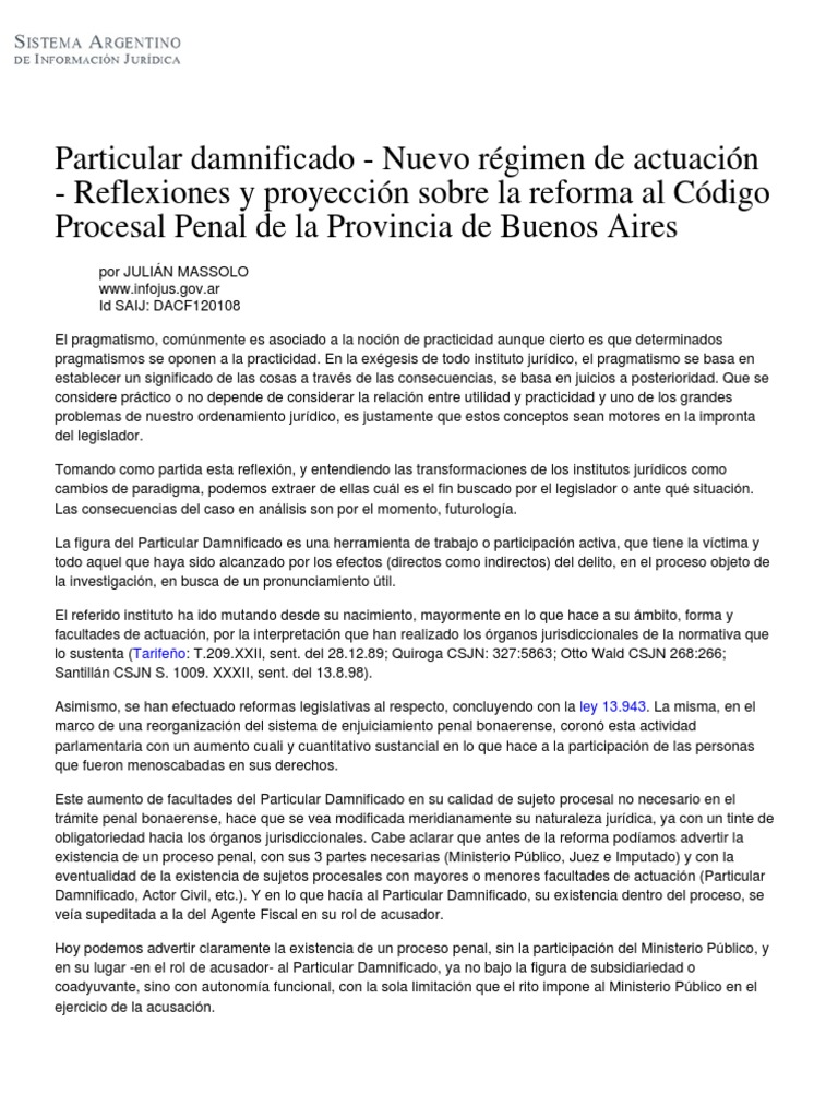 Particular Damnificado - Nuevo Régimen de Actuación - Reflexiones y  Proyección Sobre La Reforma Al Código Procesal Penal de La Provincia de  Buenos Aires | PDF | Ley procesal | Principios éticos