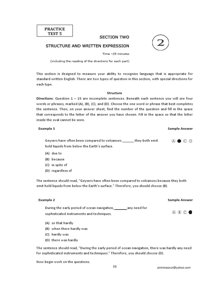 Structure and written expression practice test section two pdf