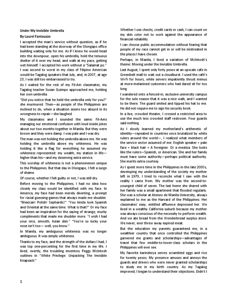 21ST Lit Handouts Week 15 Under My Invisible Umbrella PDF