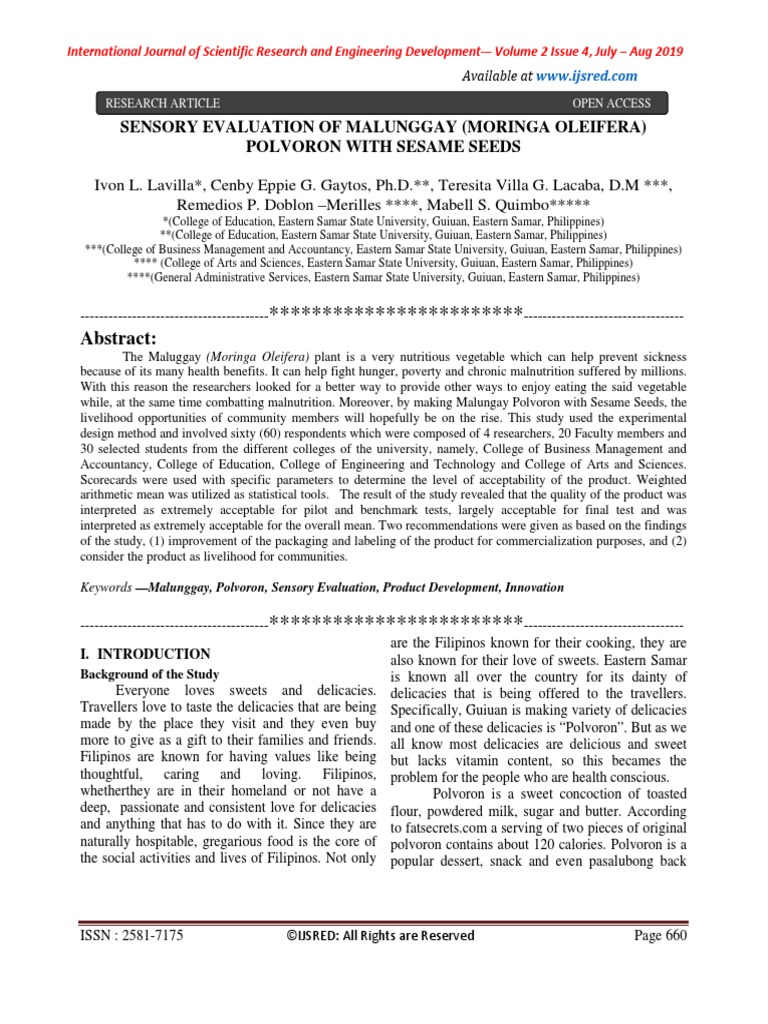 Sensory Evaluation of Malunggay Moringa PDF | PDF | Sesame | Nutrition