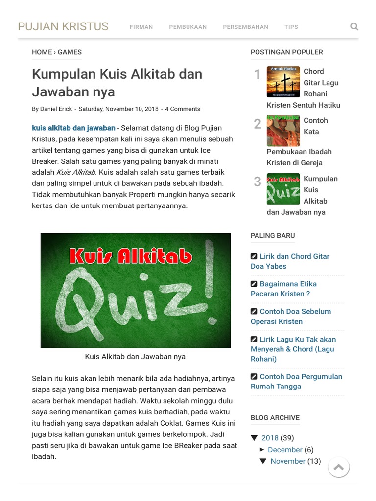 Kumpulan Kuis Alkitab Dan Jawaban Nya Pujian Kristus