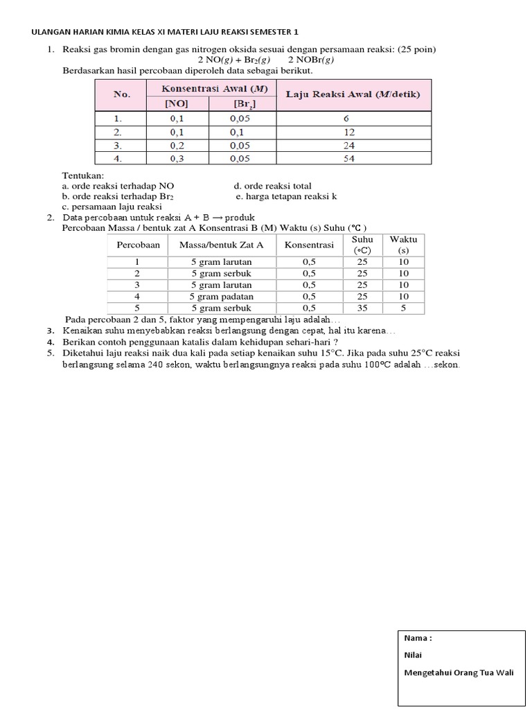 Ulangan Harian Kimia Kelas Xi Materi Laju Reaksi Semester 1 Docx