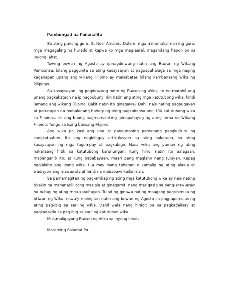Pambungad Na Pananalita Pdf