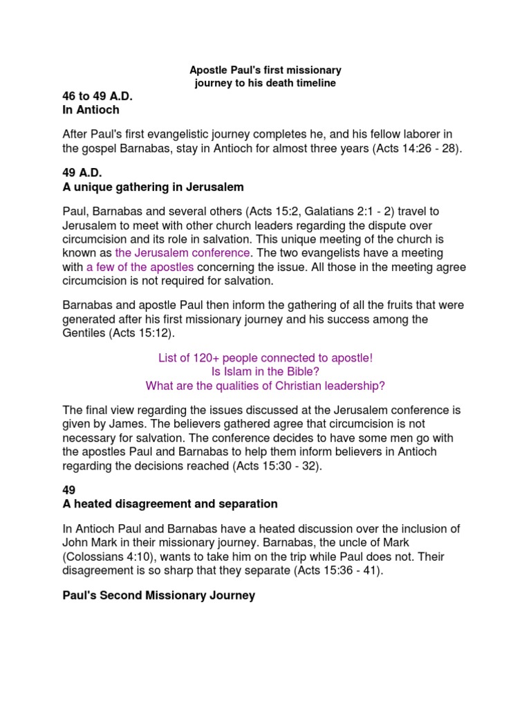 Apostle Paul's Missionary Journey Timeline | PDF | Barnabas | Paul The ...