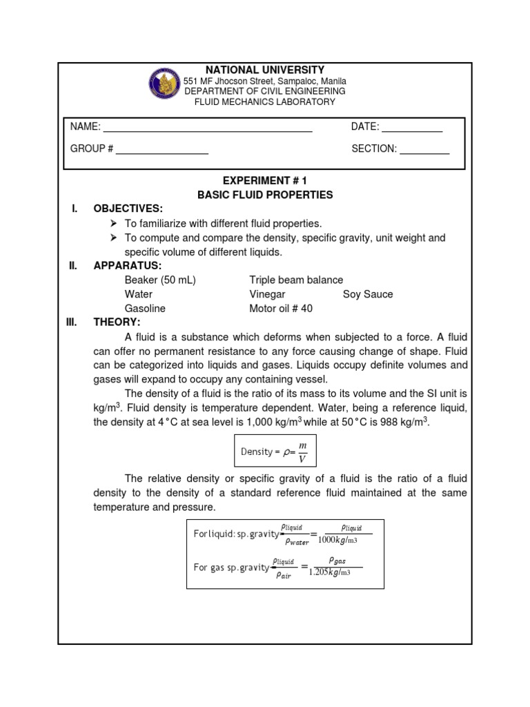 Fluid Properties Experiment 551 | PDF | Density | Weight