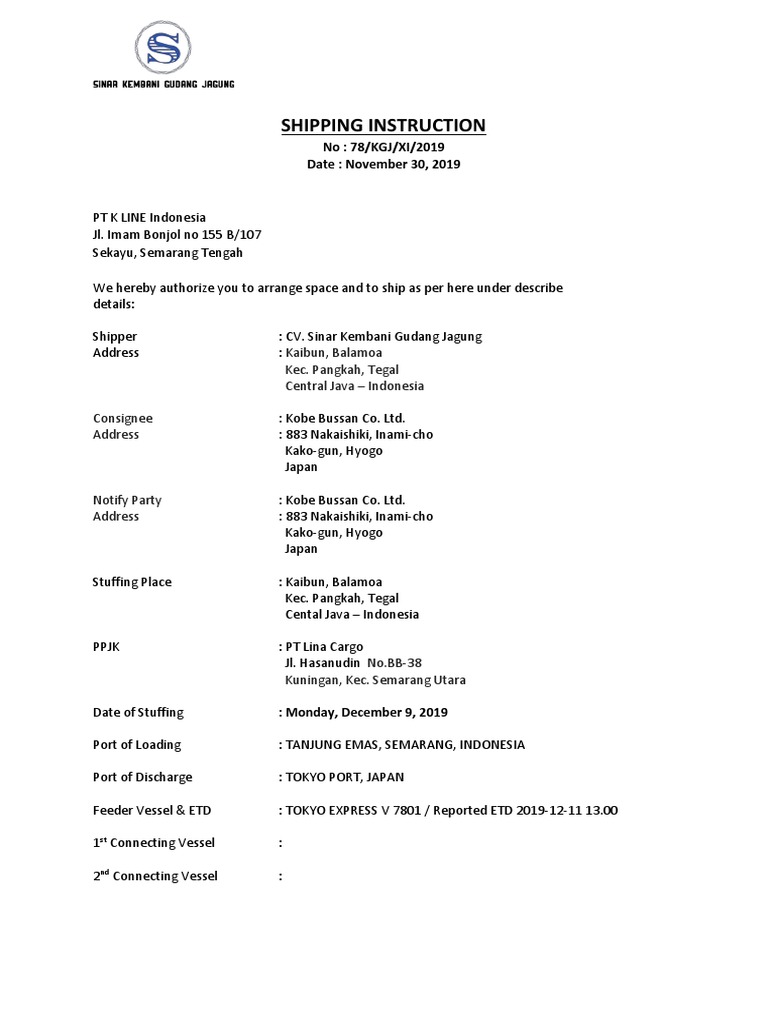 Shipping Instructions: Indonesia to Japan | PDF