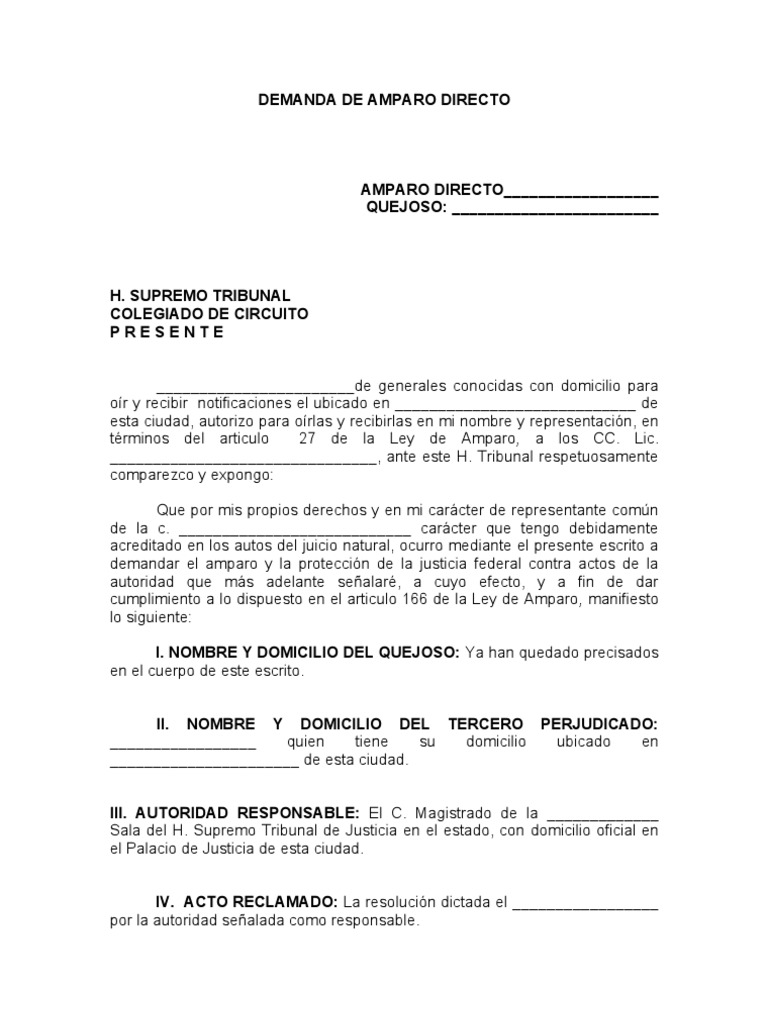 Demanda de Amparo Directo en Juicio Civil | PDF | Ley procesal ...