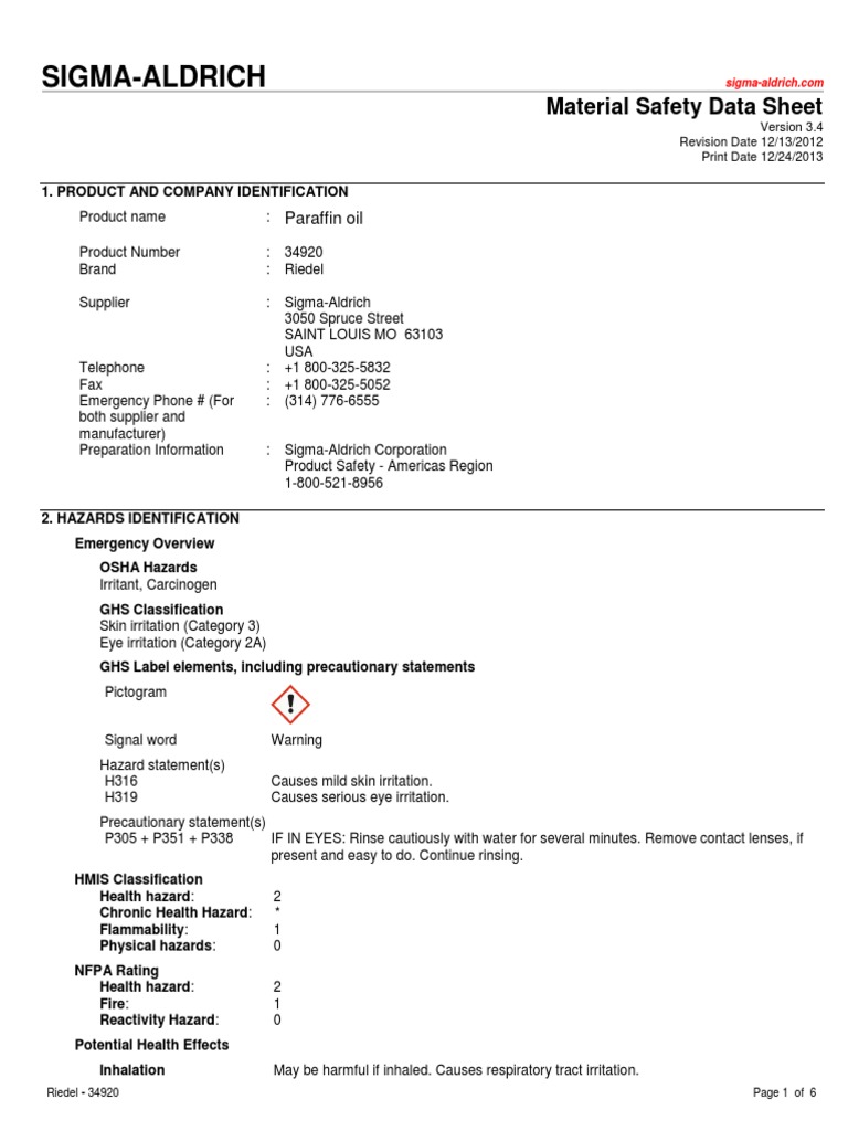 MSDS ParaffinOil PDF Personal Protective Equipment Toxicity