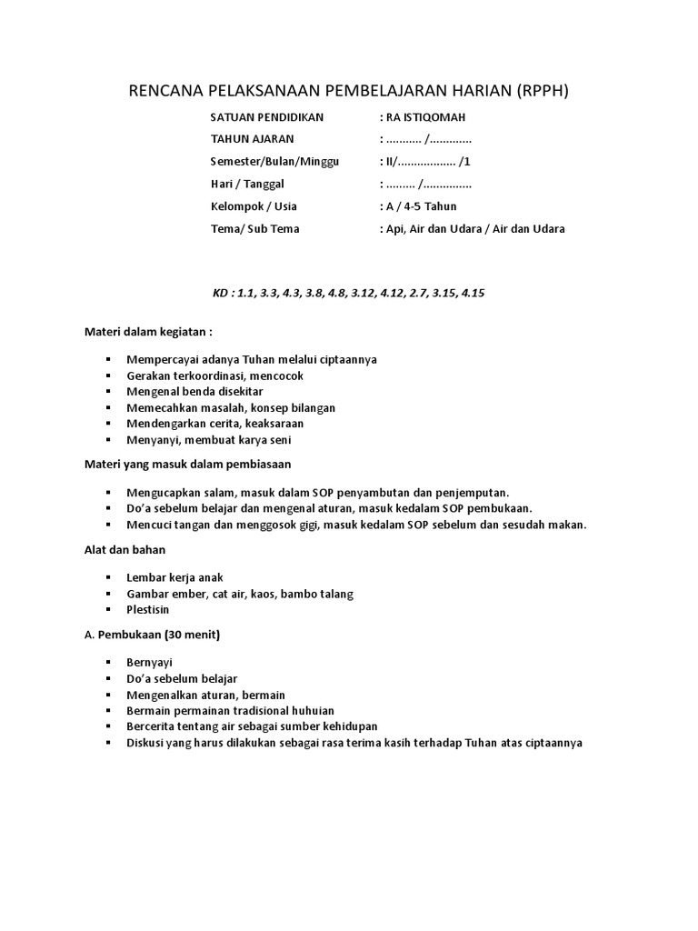 RPPH Tema Api, Air, dan Udara TK | PDF