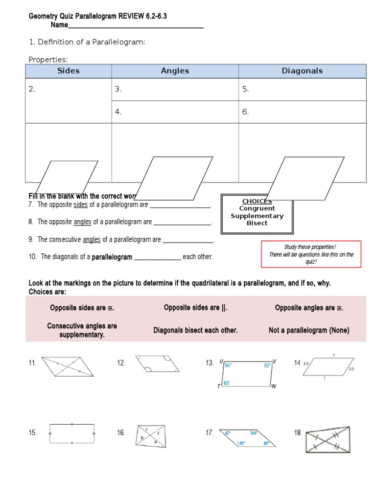 6.2-6.3 Parallelogram Quiz Review 13-14 | Euclidean Geometry | Euclid