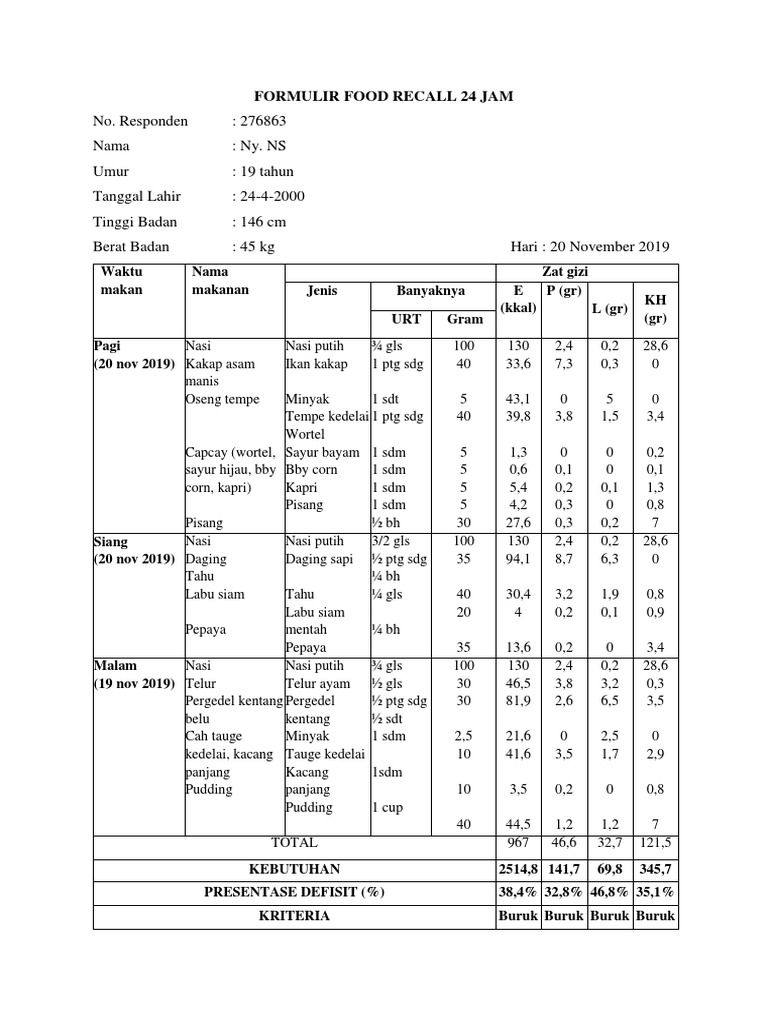 Formulir Recall Makanan 24 Jam | PDF | Memasak, Makanan, & Anggur