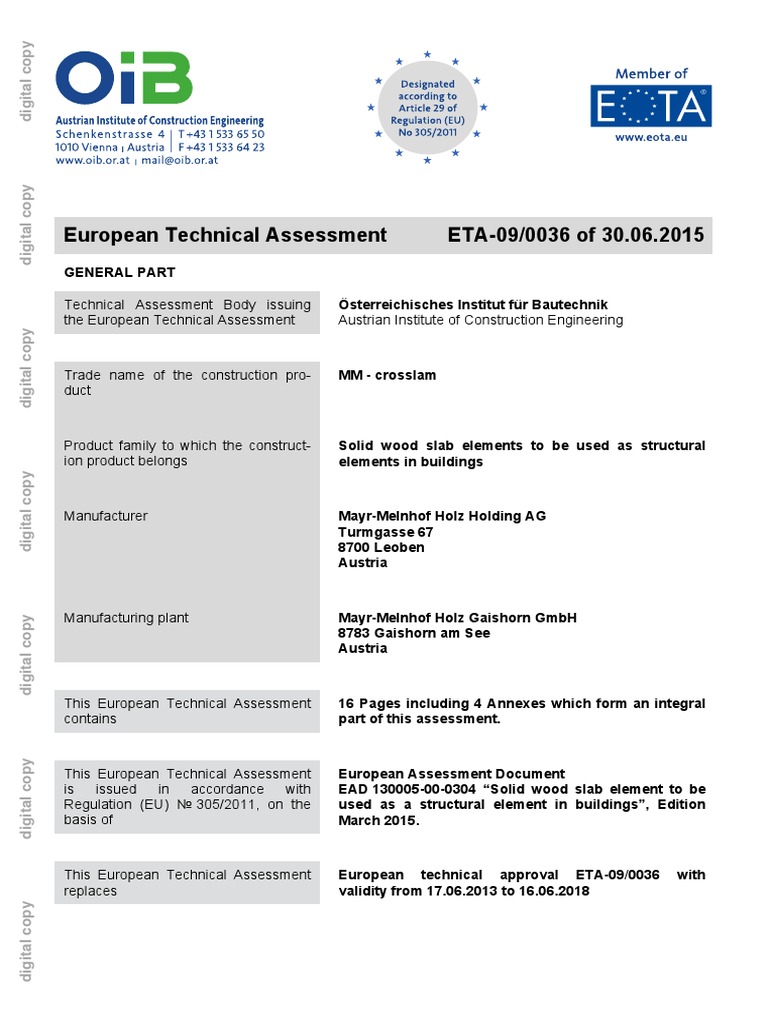European Technical Assessment ETA-09/0036 | PDF | Lumber | Wood